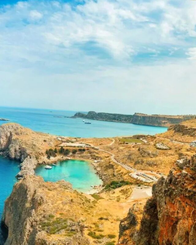 An aerial view of land and water in Greece