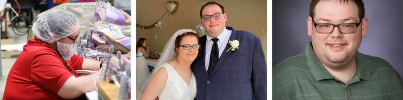 Photos of a young man with disabilities at work and at his wedding