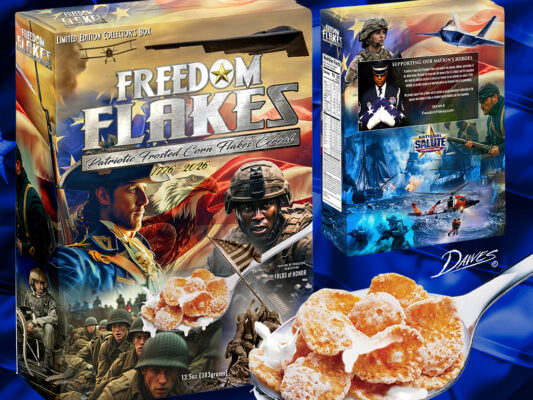 The front and back of a box of Freedom Flakes cereal